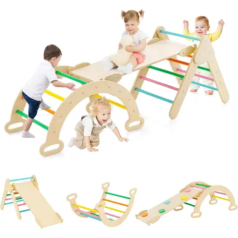 Costway Multi-Functional Montessori Triangle Climbing Toy, Safe Wooden Playset for Toddlers 1+