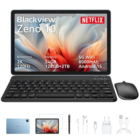 Blackview Zeno 10 Tablet, 11-inch FHD 1920x1200, 5G, Android 15, Gemini AI， Unisoc T8200, 24GB(8+16) RAM + 128GB ROM, 8800mAh,  PC Mode,  Widevine L1,  Face ID,  16MP+13MP, GPS, OTG, Gaming Tablet with Keyboard and Stylus