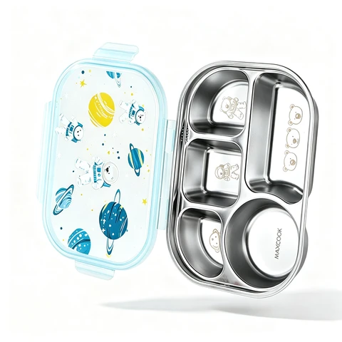 Maxcook Boîte à Bento Divisée en 5 Compartiments en Acier Inoxydable 316, Récipient Alimentaire à Compartiments avec Couvercle Motif Astronaute, Récipient à Repas Portable pour Bureau et Pique-Nique MCWA5567