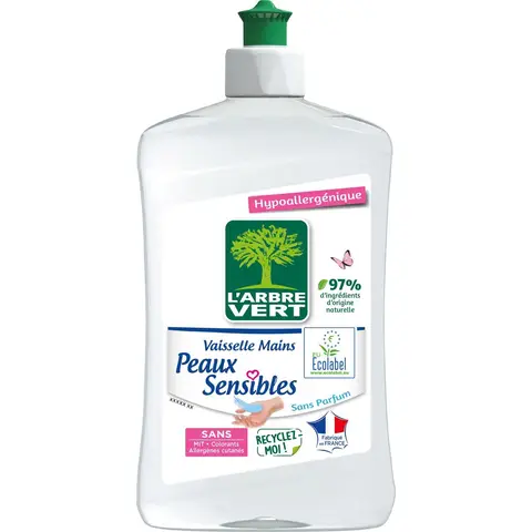 L'Arbre Vert Liquide Vaisselle Hypoallergénique, Peaux Sensibles, Sans Parfum, 500 ml