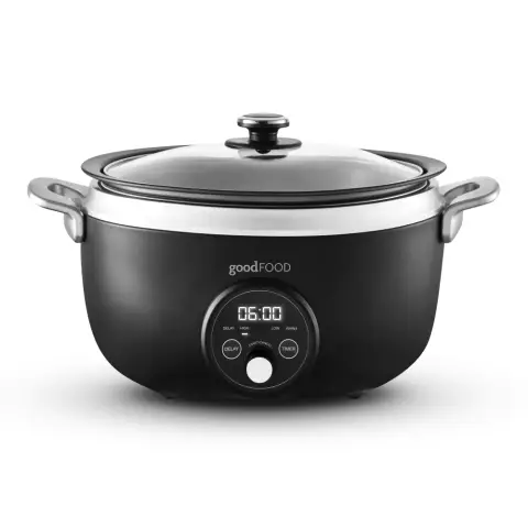 GF16010 Good Food in partnership with Tower 3.5L Digital Slow Cooker with 3 Heat Settings, Delay Function & Timer, Removable Aluminium Pot & Cool Touch Handles on Exterior, Tempered Glass Lid, Black with Stainless Steel Accents