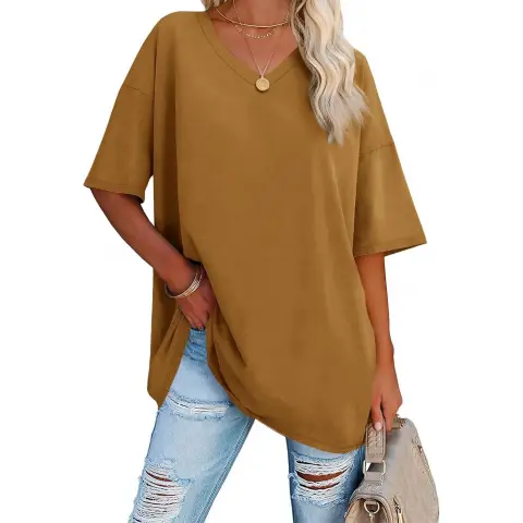 Women's Oversized Tshirts V Neck Tee Shirts Half Sleeve Loose Fit T Shirt Cotton Tunic Tops 2025 (khaki, L)