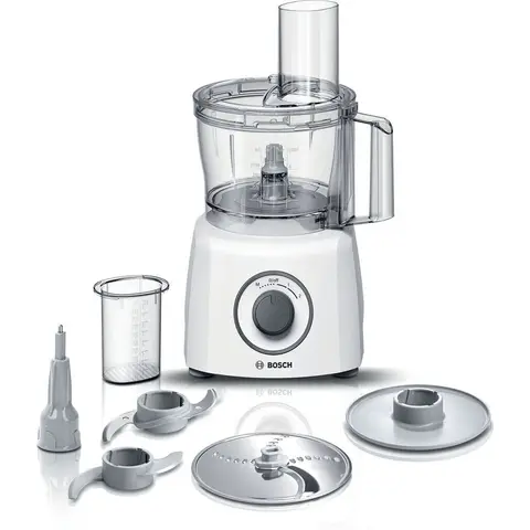 Bosch Kompakt-Küchenmaschine MultiTalent 3 MCM3100W, 20 Funktionen, 2,3 L Rührschüssel, Universalmesser, Wendescheibe zum Schneiden und Raspeln, Schlag-Scheibe (Sahne), Einfüllhilfe, Deckel, 800 W, Weiß