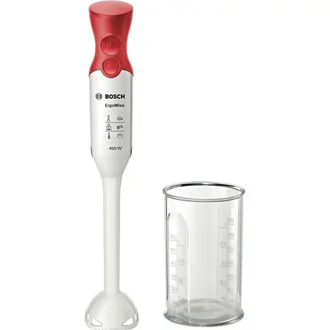 Bosch Home Appliances MSM64010 ergonomic hand blender with plastic mixing foot with QuattroBlade, 450 watts White / Red [Energy class A]