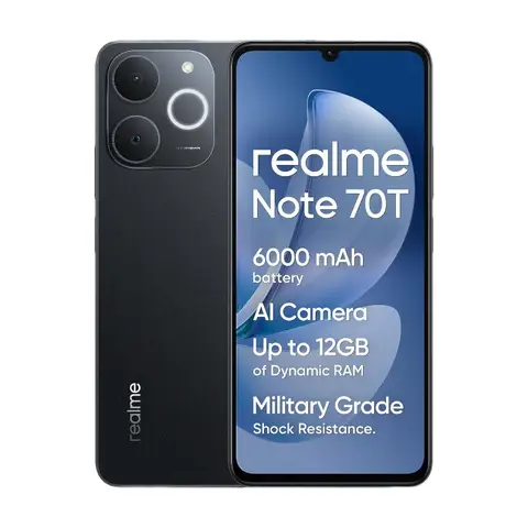 realme Note 70T Smartphone 4+128 GB, 6,75-Zoll HD-Display mit 90 Hz, 6000-mAh-Hochleistungsakku, ArmorShell-Schutz, T7250 Octa-Core-Chipset, Next AI, IP54, Obsidian Black, Ohne Ladegerät.