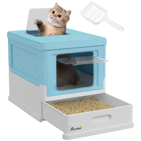 PawHut Cat Litter Box with Pull-Out Drawer Pan, Foldable Hooded Litter Tray with Lid & Scoop, Easy Clean, Odour Control Light