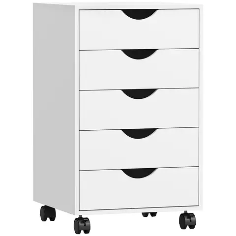 HOMCOM 5 Drawer Filing Cabinet, Vertical Under Desk File Storage with Wheels for Home Office White