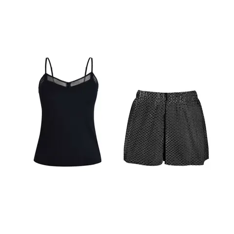 black narrow lace v-neck black camisole and  shorts set  L