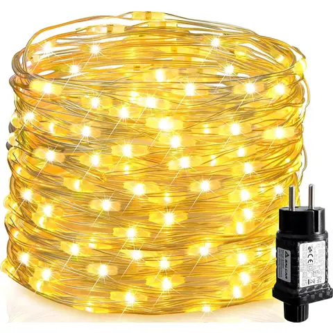 SALCAR Guirlande Lumineuse Noël à 10M 100 LED et à piles en fil de cuivre pour éclairage intérieur et extérieur, chambre, décoration de mariage, fête, décoration d'arbre (Blanc chaud)