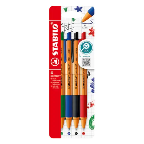 STABILO Pointball - Ballpoint pen - Pack of 4 - Blue, Black, Red, Green