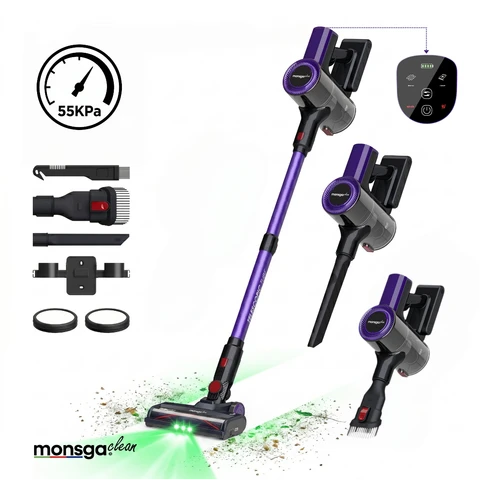 monsga M100 aspirateur sans fil autonome, 55000 Pa 45 min aspirateurs pour la maison, écran tactile, révélation de la poussière par lumière verte, brosse roulante anti-emmêlement, bac à poussière XL, rechargeable pour poils d'animaux/tapis