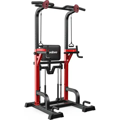 Pooboo C773 Power Tower Pull Up Bar Dip Station with Resistance Assisted Pad Multi-Function Adjustable Height Home Gym Strength Training Fitness Workout Equipment 480 LBS