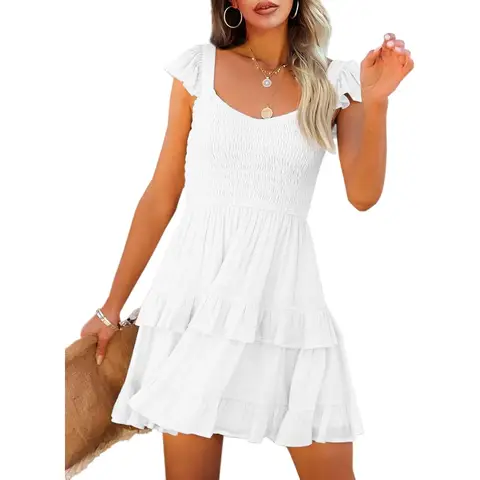 Women's Summer Ruffle Dresses Elastic Empire Waist A-line Layered Swing Flowy Mini Dress (white, S)