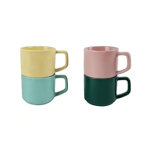 Set of 4 Small Ceramic Cups, 120ml in Soft Colors (Yellow, Blue, Green, Pink), Espresso or Dessert Cups