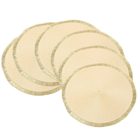 Set de 6 Sets de Table Ronds Tressés en Fil Brillant PP avec Pompon Beige et Doré 38cm – Faits Main, Idéal pour les Réceptions et Mariages