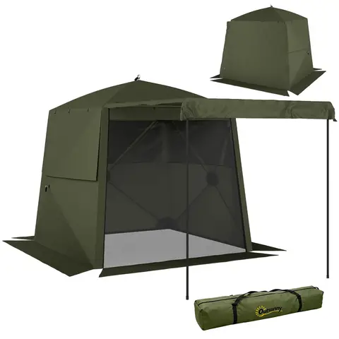 Outsunny 2 x 2 m Pop Up Gazebo with Awning, Waterproof Instant Shelter for Garden BBQ, Fishing, Camping, Easy Setup Garden Gazebo with Sides, Mesh Windows & Carry Bag, Army Green
