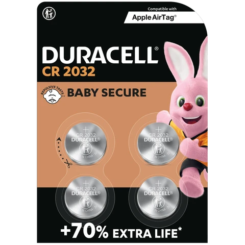 DURACELL CR2032 Piles Boutons au lithium 3V (lot de 4) - Jusqu’à +70 % de longévité - Technologie Sécurité Enfant - Recommandées pour l’AirTag® d’Apple - Pour clés électroniques, appareils de la maison, accessoires de sport et appareils médicaux - Emballage Sécurité Enfant