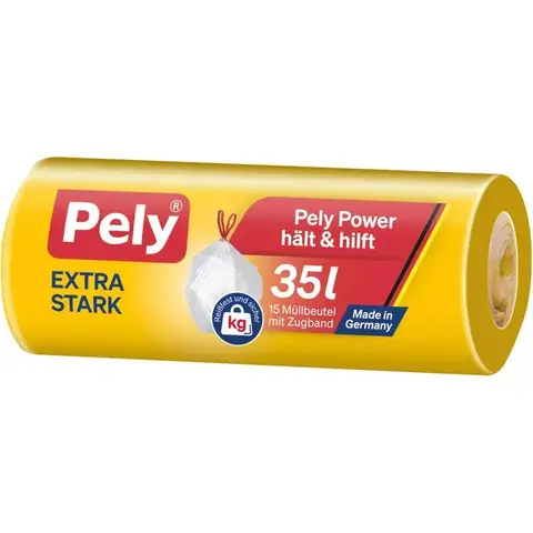Pely Müllbeutel Extra Stark, 35 Liter, mit Zugband, Transparent, 15 Stück
