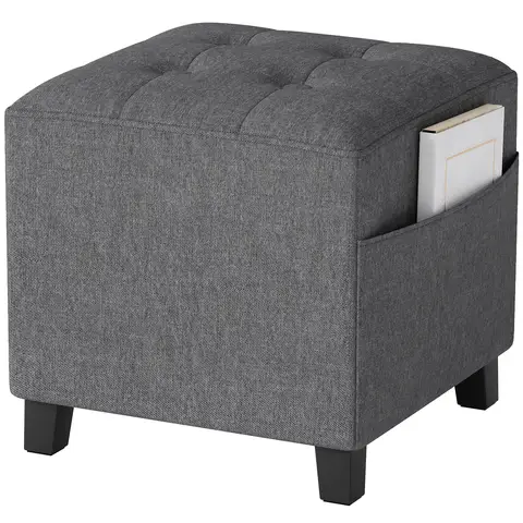 HOMCOM Square Footstool, Small Ottoman with Side Pocket, Linen Fabric Footrest Foot Stool with Rubber Wood Legs Grey
