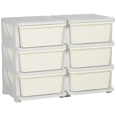 HOMCOM 6 Drawers Plastic Storage Units, 3 Tier Kids Storage Units, Children Toy Chest for Nursery, Playroom, Bedroom, Cream