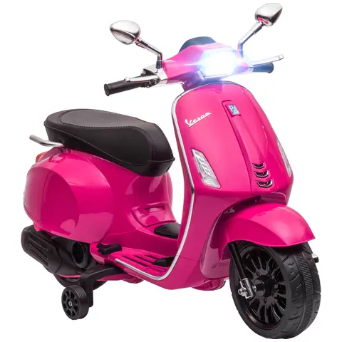 AIYAPLAY Vespa Licensed 12V Kids Electric Motorbike, Kids Ride on Motorcycle with Music, Head Light, MP3, FM Radio, Two Training Wheels, for 3-6 Years - Pink