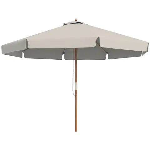 Outsunny 3.3m Wooden Garden Parasol Umbrella, Outdoor Sun Shade Canopy with 8 Bamboo Ribs, Ruffles and 4.7 cm Wood Pole for Balcony Deck Yard Market Beach Pool, Grey