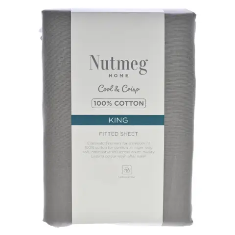 Nutmeg Home Fitted Sheet 100% Cotton 180 Thread Count Grey King