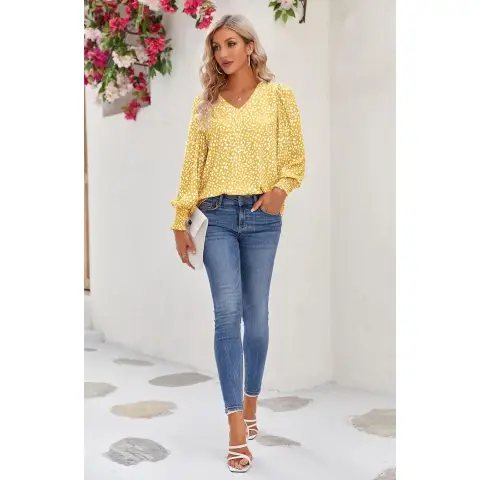 Women's Polka Dot 3/4 Sleeve Blouse Tops Ladies Casual Office Work Crew Neck T-Shirt (yellow, S)
