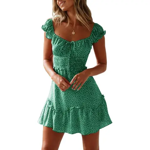 Women's Summer Ruffle Sleeve SWEETHEART Neckline Printing Dress Mini Dresses (green， XL)