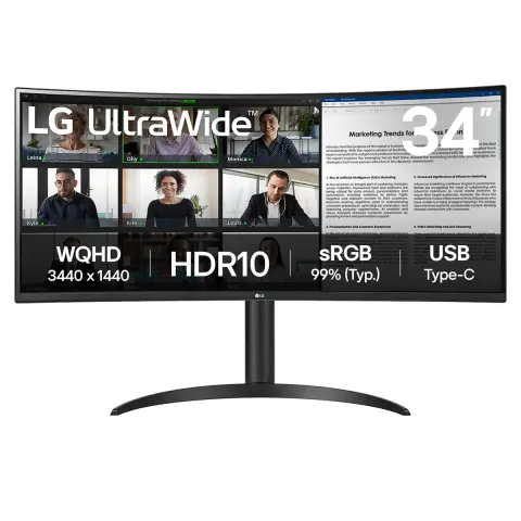 LG Electronics Curved UltraWide Monitor 34WR55QK, 34 inch, 1440p, 100Hz, 5ms Response Time, VA Panel, Smart Energy Saving, USB-C (65W Power Delivery), Displayport, HDMI