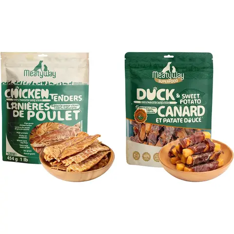 MeatyWay Chicken and Duck & Sweet Potato Jerky Tender Dog Treats, High Protein, Low Fat, 100% Natural Grain Free Dog Snacks, Easy to Digest Training Treats, 454g/16 oz. (Pack of 2)