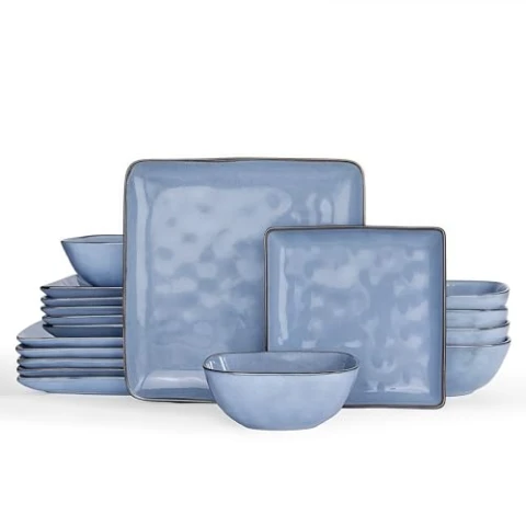 Richmount Steingut Geschirrset für 6 Personen, Ocean Serie 18-teiliges quadratisches Geschirrset, reaktive Glasur, kratzfestes Geschirrset, Blau