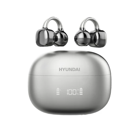 HYUNDAI Clipbuds7 Silberne Bluetooth-Ohrhörer Clip-On-Design Digitale Batterieanzeige Hochwertiger Klangkabelloses Headset mit Ohrclip Silber