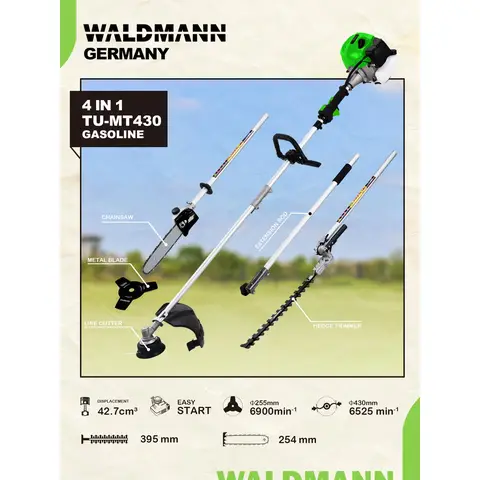 WALDMANN Multifunktionswerkzeuge 4-in-1, Modell TU-MT430, Motormodell 1E40F-5E, Hubraum 42,7 cm3, Motorspezifikation 1,35 kW/1,84 PS, Max. Drehzahl 9200 U/min, Kraftstoffölverhältnis 40:1, Tankschraubdeckelvolumen 1200 mL, Getriebeverhältnis 20:15