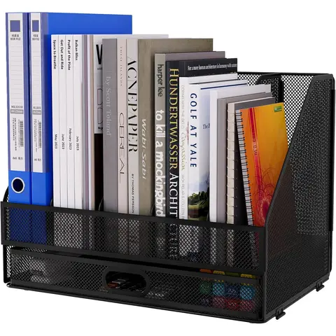 Desktop Metal A4 Magazine File Holder with Drawer,Black