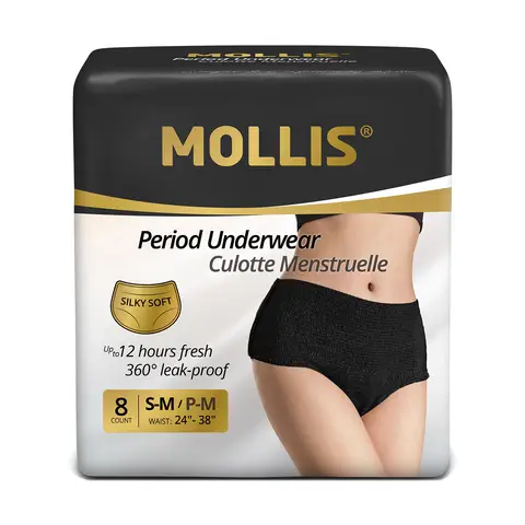 MOLLIS Disposable Period Underwear for Women, Postpartum Panties, Maternity Knickers Heavy Flow Leak Proof, Black,Small/Medium, 8 Count