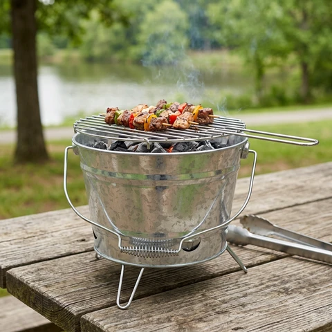 BBQFANS Tragbarer Grilleimer, Metall-Tischgrill zum Grillen mit Holzkohle, 33 x 15 cm, perfekt zum Grillen in der Natur oder auf kleinem Raum