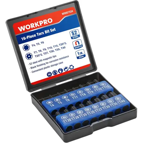 WORKPRO 16-Piece Screwdriver Bit Set, Torx Bit Set Made of S2 Steel (25 mm), Magnetic Torx Bits with Bit Holder, Universal 1/4 Inch Hex Shanks, Precision Machined, Includes Storage Box