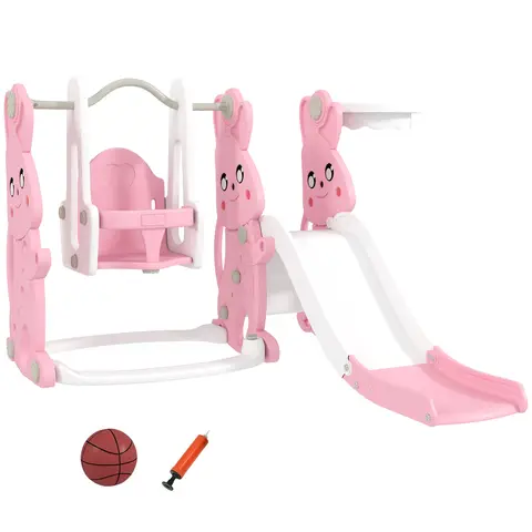 AIYAPLAY Toddler Slide and Swing Set 4 in 1 with Climber, Basketball Hoop, Kids Slide for Age 1.5-4, Children Activity Centre Playground for Indoor Outdoor Garden, Rabbit Themed, Pink