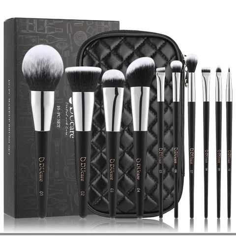 DUcare 10-Piece Black Plaid Zipper Pouch Makeup Brush Set