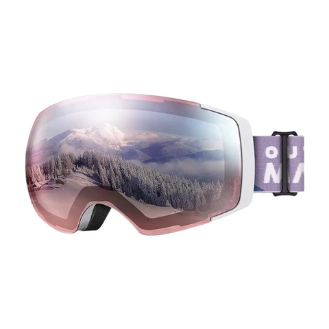 OutdoorMaster PRO Skibrille für Herren & Damen – Weißes Gestell, hellrosarote Linse mit Silber VLT 15%