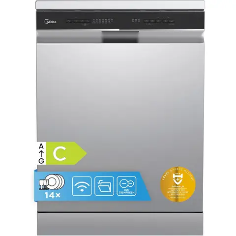 Midea MDWEF1433D(SS)-WG-UK Freestanding Full Size Dishwasher With Cutlery Tray, Stainless Steel, C Rated