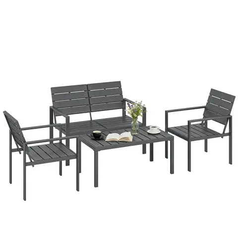 Outsunny 4 Seater Garden Furniture Set, 4 Piece Garden Sofa Set with HDPE Slatted Loveseat, 2 Armchairs, Coffee Table, Metal Frame Outdoor Patio Conversation Furniture for Balcony, Dark Grey