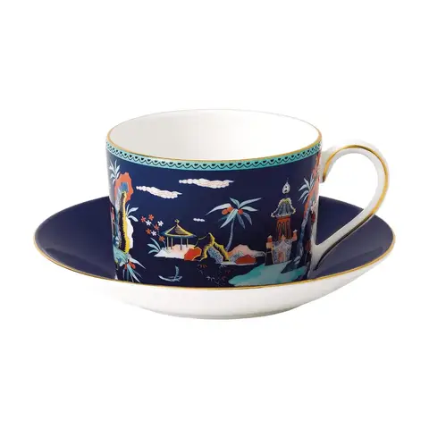 WEDGWOOD Wonderlust Blue Pagoda Fein Bone China Teetasse & Untertasse Set mit 22K Gold, 150ml