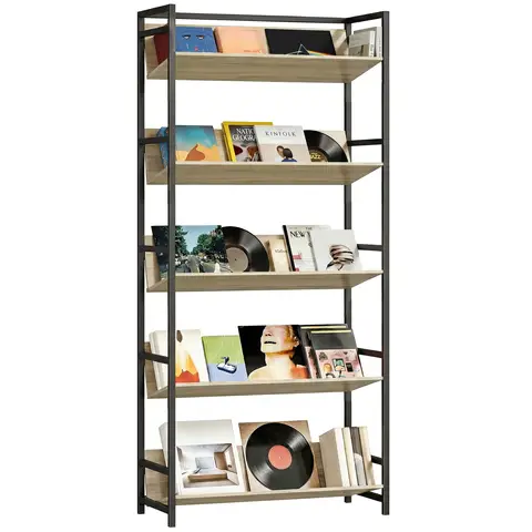 HOMCOM Bookshelf with Anti-Slip Design, 5-Tier Bookcase with Storage Shelves and Metal Frame Oak