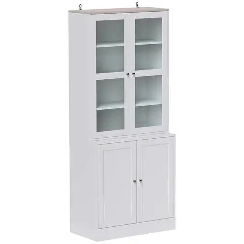 HOMCOM Modern Bookcase with Glass Doors, Display Storage Cabinet with Adjustable Shelves White and Natural
