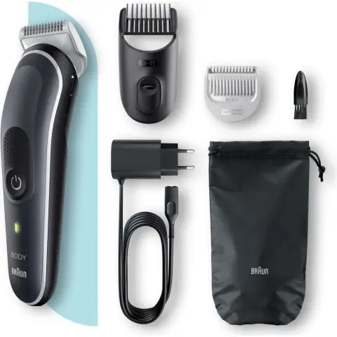 Braun Bodygroomer Series 5, Elektrischer Körperrasierer für Männer mit 3 Aufsätzen, Kabelloser Trimmer für Intim- und Körperpflege, 100 Min Akkulaufzeit, Wasserdichter Körperhaarschneider, BG5350, Grau