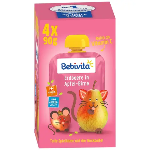 Bebivita Quetschie Erdbeere in Apfel-Birne (ab 1 Jahr) 4 x 90 g
