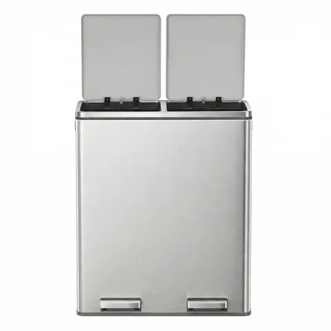 SONGMICSHOME  Kitchen Bin with 2 Compartments, 2 x 30 L Double Rubish Bin with Lids, Pedals, Plastic Inner Buckets, Soft Close, Silver and Black