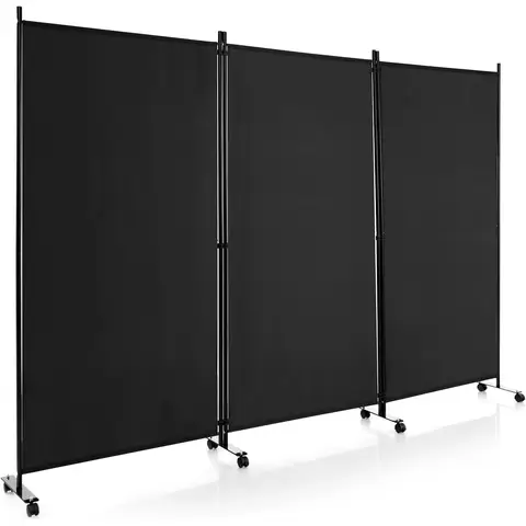 COSTWAY 3-Panel Folding Room Divider with Wheels for Living Room Bedroom-Black
